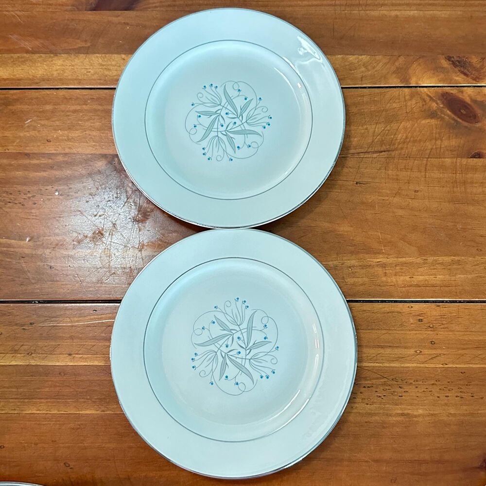 Homer Laughlin Celeste Salad Plates 7.25 Pair Vintage MCM Blue Buds Silver Trim